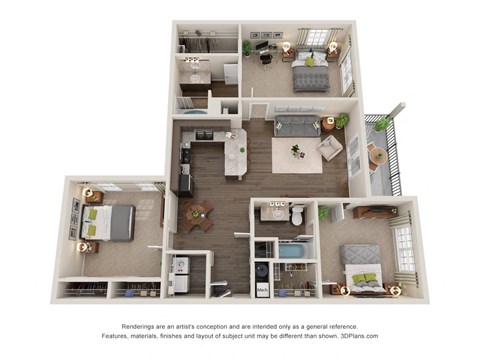Floor plan for 3 beds, 2 baths, 1383 sqft